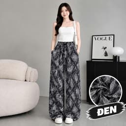 Quần Dài Nữ Lụa Mango Ống Suông Rộng Họa Tiết Dây Xích, Lưng Thun, Đen Kem Nâu, Lẻ Và Combo 2-3 2