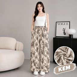Quần Dài Nữ Lụa Mango Ống Suông Rộng Họa Tiết Dây Xích, Lưng Thun, Đen Kem Nâu, Lẻ Và Combo 2-3 3