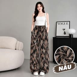 Quần Dài Nữ Lụa Mango Ống Suông Rộng Họa Tiết Dây Xích, Lưng Thun, Đen Kem Nâu, Lẻ Và Combo 2-3 4