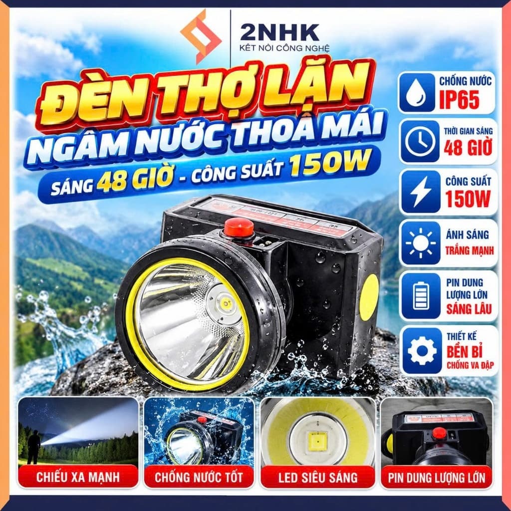 Đèn pin đội đầu thợ lặn-Đèn chịu nước T316, Cam kết sáng 48H, 150W, kèm Dây đeo và Sạc, Sáng xa 300M