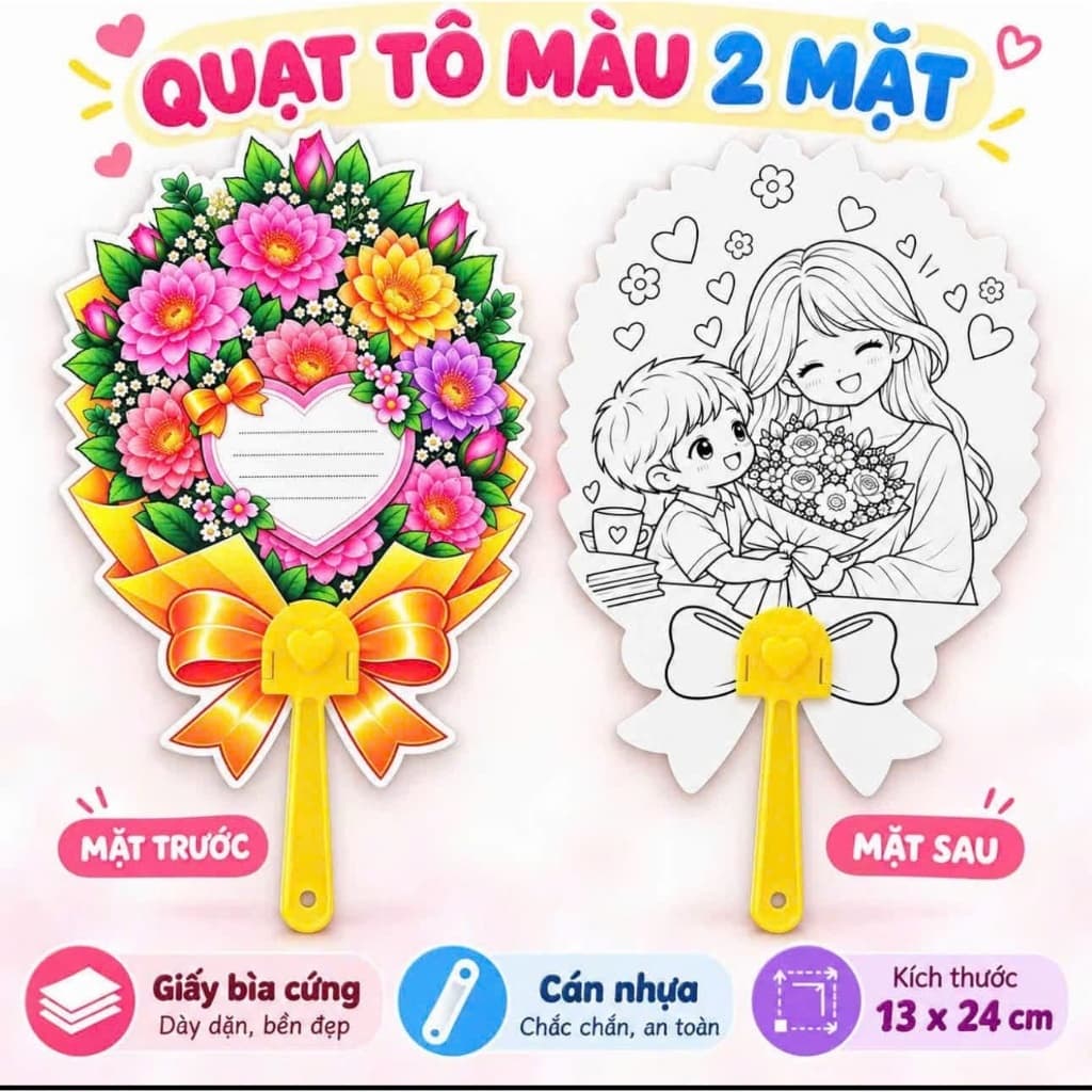 Quạt Tô Màu 2 Mặt Kèm Lời Chúc 20/10 Mẫu số 10 | Quà Tặng Thủ Công Cho Mẹ, Cô Giáo, Hoạt Động Tô Màu Cho Bé
