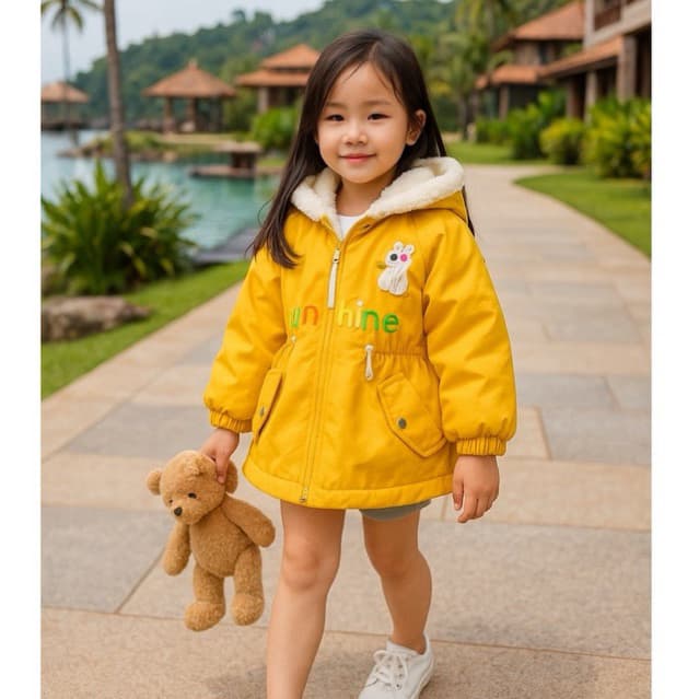 Áo Khoác Gió Parka Lót Lông Cho Bé Gái, Mẫu Tai Thỏ Dễ Thương Hàng VNXK