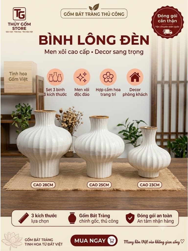 Bộ bình gốm men xói cao cấp 3 kích thước decor phòng khách, bình cắm hoa trang trí