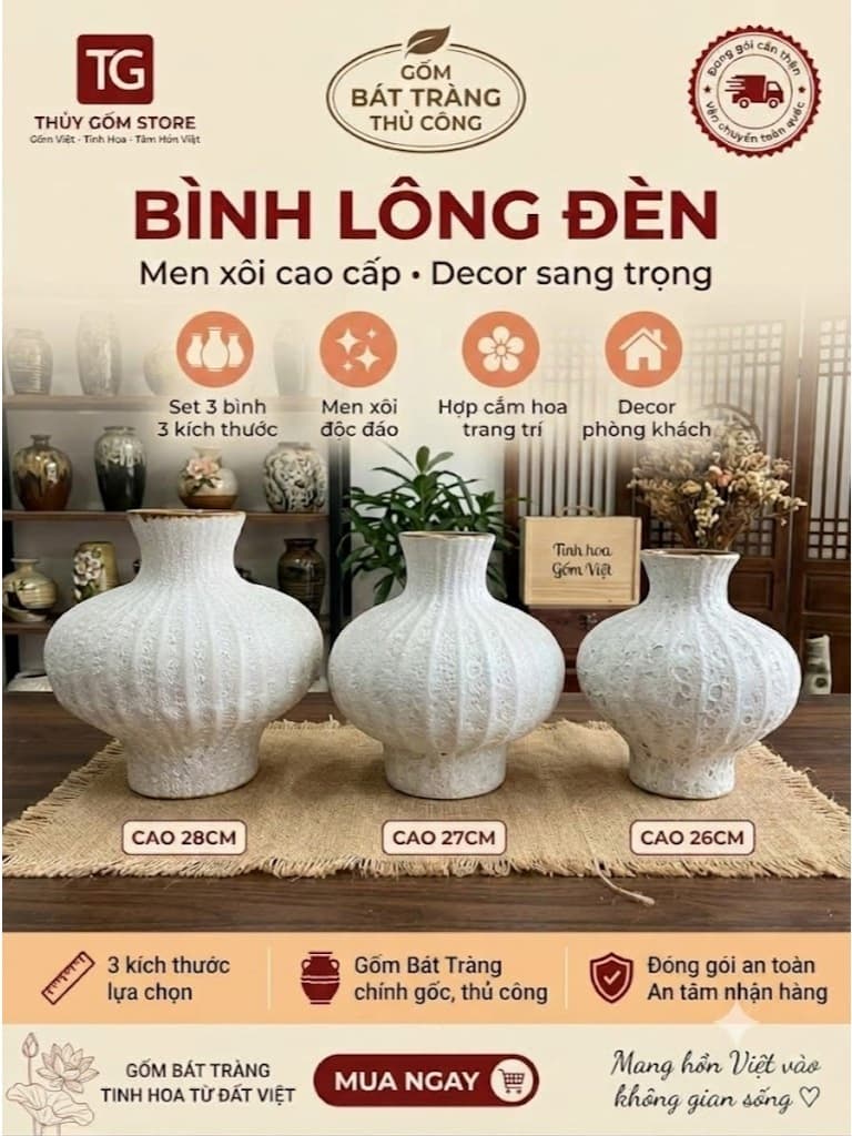 [DEAL]Bộ bình lọ gốm men sủi cao cấp Set 3 kích thước decor phòng khách cao 26 27 28cm