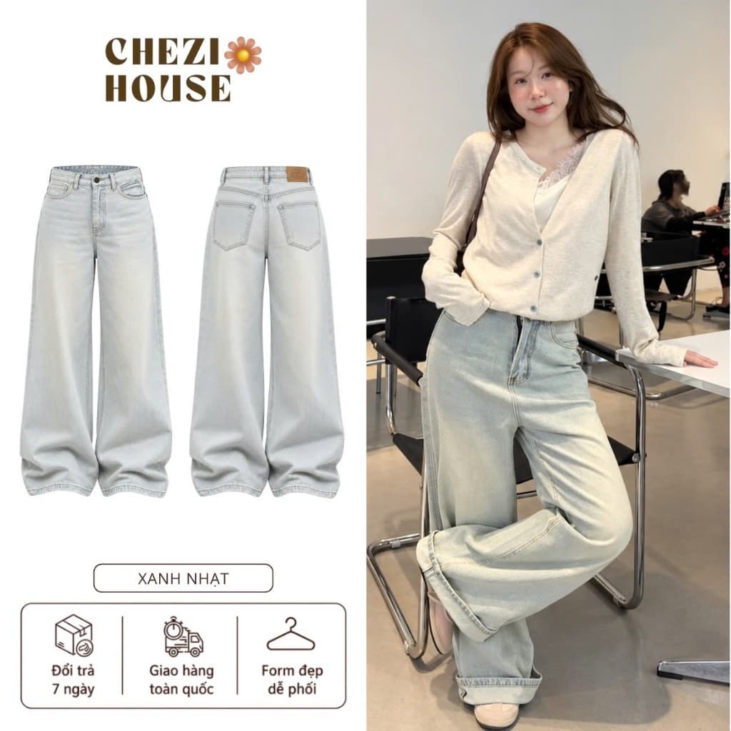 Quần Jeans Ống Suông AN TÂY Form Rộng Style Hàn Quốc Trendy Vải Jean Mềm Đẹp #8910 Màu Xanh Nhạt