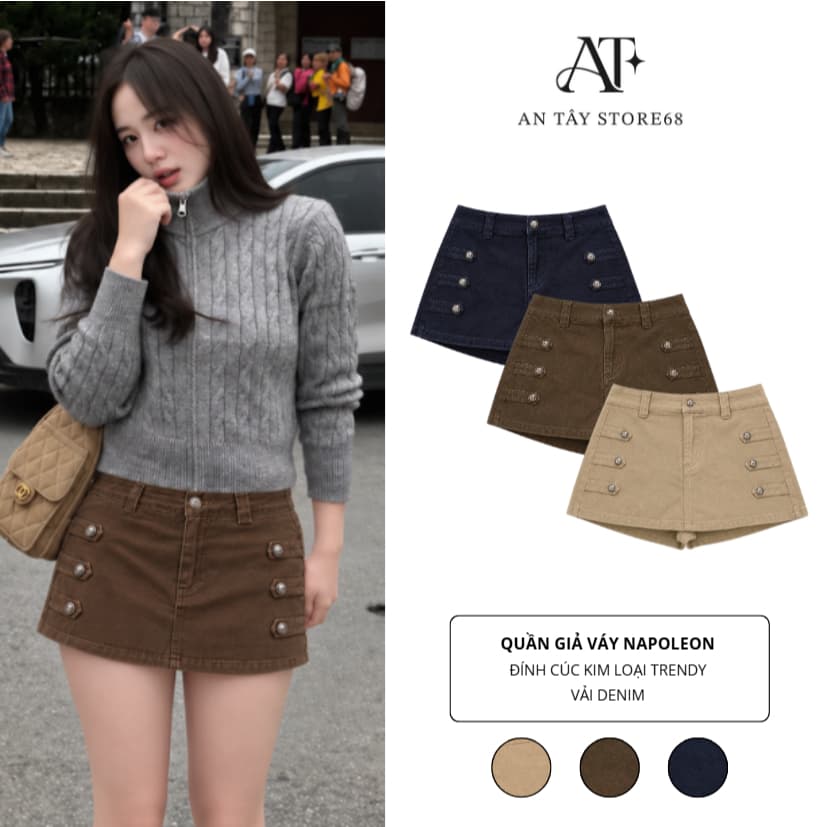 Quần Giả Chân Váy Napoleon AN TÂY Form Ngắn Hack Eo, Cúc Đính Kim Loại #8911-13 Màu Be Trà Sữa, Nâu Choco, Xanh Than