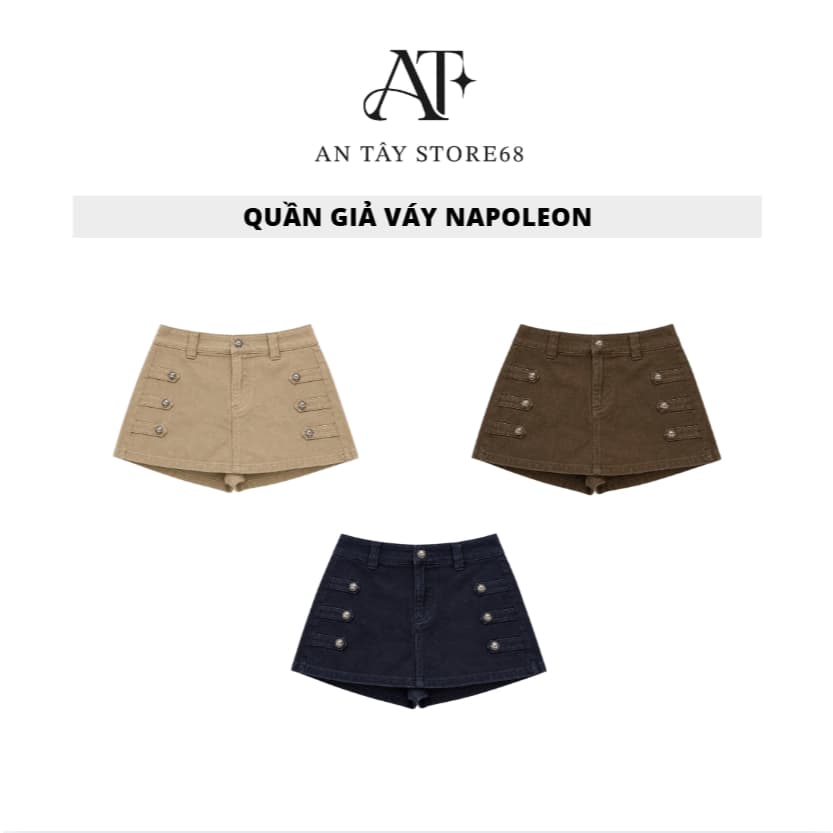 Quần Giả Chân Váy Napoleon AN TÂY Form Ngắn Hack Eo, Cúc Đính Kim Loại #8911-13 Màu Be Trà Sữa, Nâu Choco, Xanh Than
