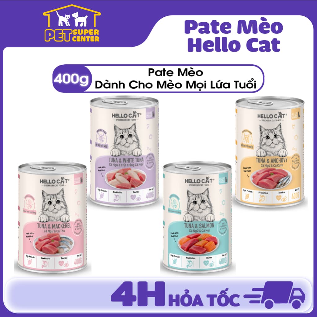 Pate Mèo Hello Cat 400g 4 Vị Cá | Hairball & Urinary, Bổ Sung Prebiotics Taurine