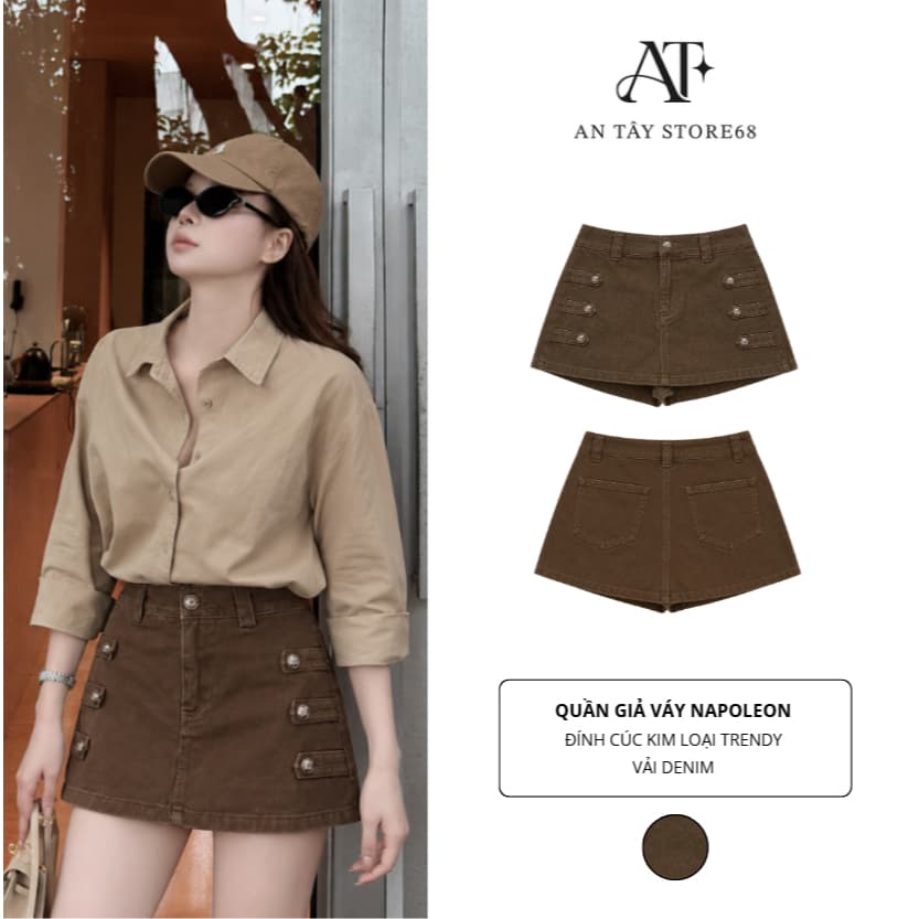 Quần Giả Chân Váy Napoleon AN TÂY Form Ngắn Hack Eo, Cúc Đính Kim Loại #8912 Màu Nâu Choco
