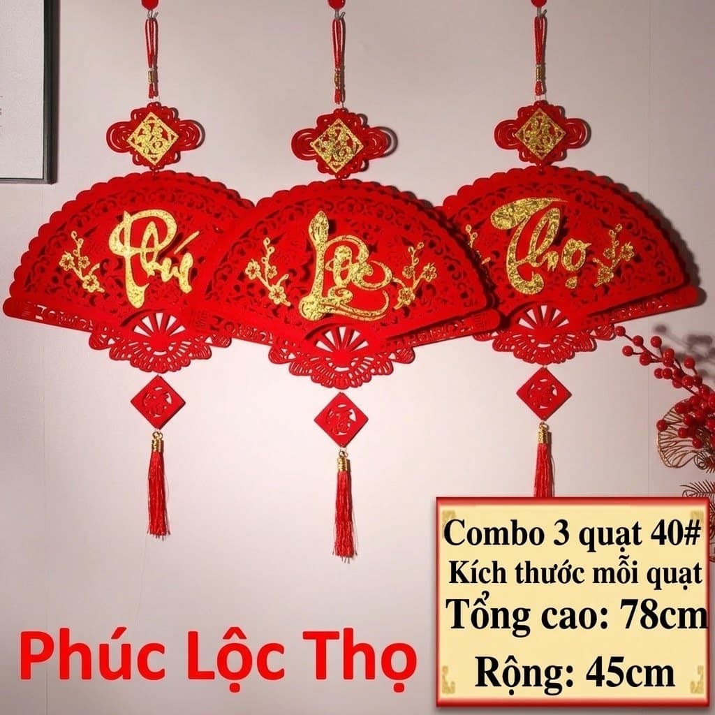 [Tặng Kèm Móc Gắn Tường] Dây Treo Trang Trí Tết Vải Nỉ Đỏ Chữ Nổi Thư Pháp Phúc Lộc Thọ Tết Dáng Quạt Và Thoi T72