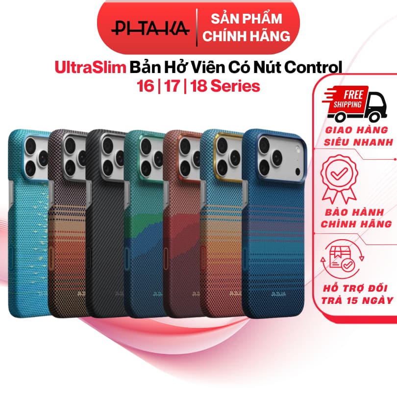 [iP18] Ốp Pitaka Bản UltraSlim Khoét Viền Có Nút Camera Control Siêu Phẩm Từ Sợi Aramid Dệt cho iP 18/17/16 Series