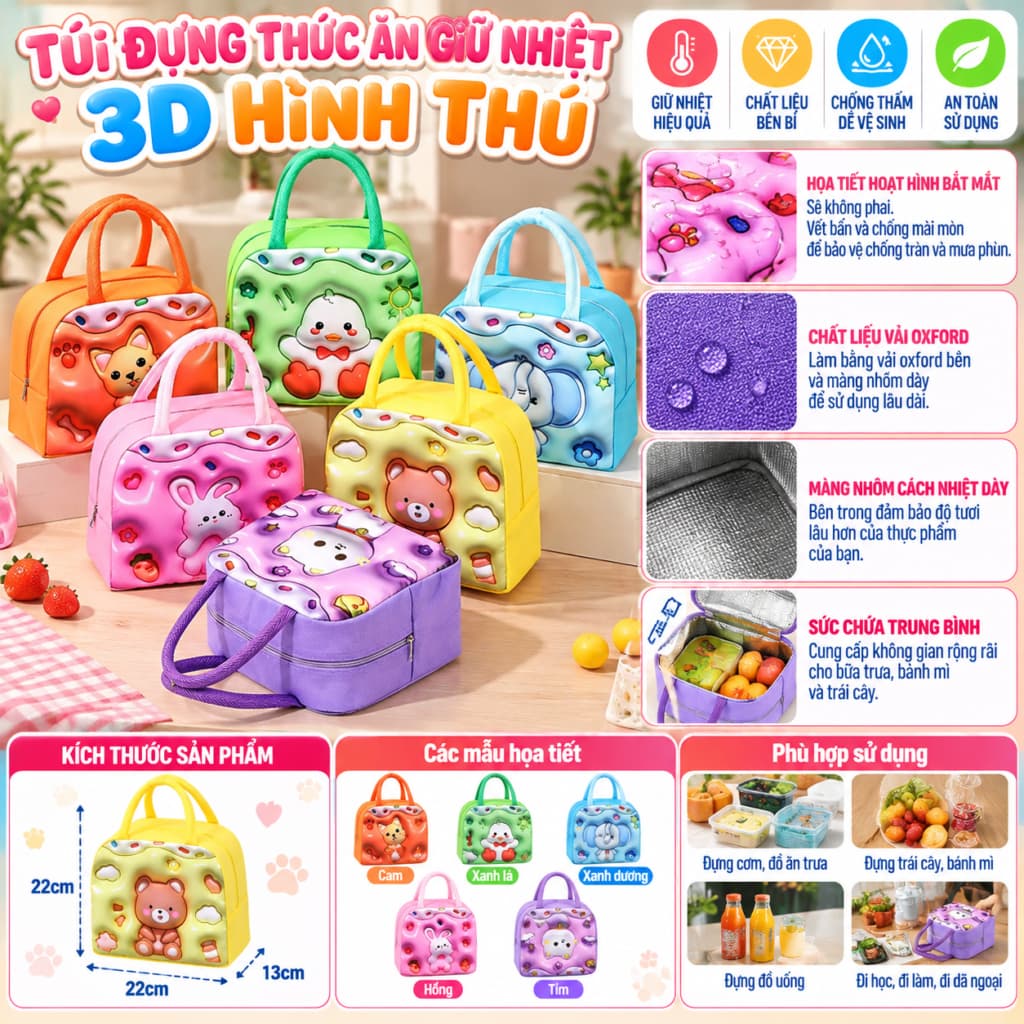 Túi đựng thức ăn giữ nhiệt 3D hình thú và Hộp Inox Đựng Thực Phẩm Chữ Nhật/ Tròn. LMS