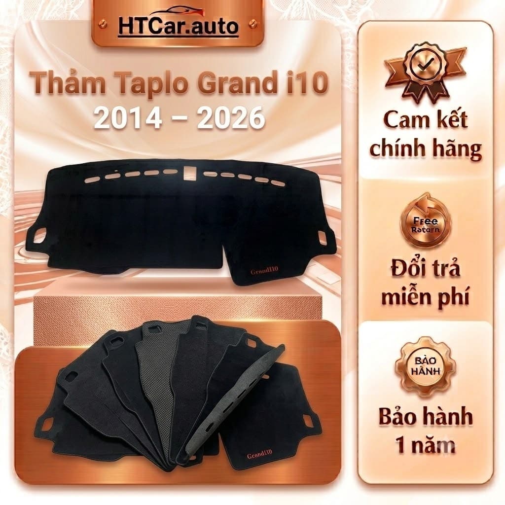 Thảm Taplo Grand i10 2014–2025 Nhung Hoặc Da Vân Carbon – Chống Nắng, Chuẩn Form Xe