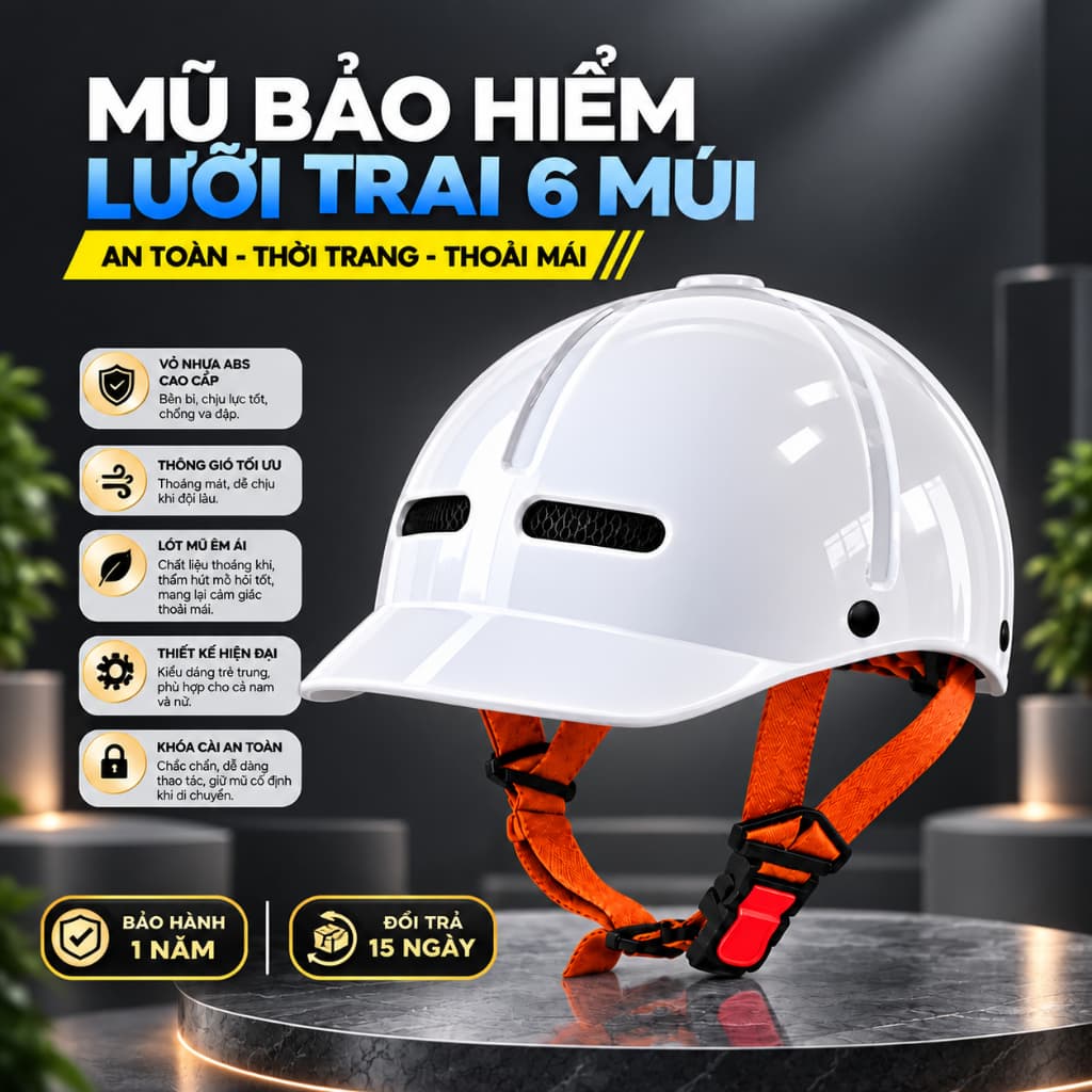 Nón Bảo Hiểm Lưỡi Trai 6 Múi Freesize, Thiết Kế Trẻ Trung, Gọn Nhẹ, Bảo Hành 12 Tháng