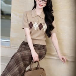 Áo Len Nữ Cổ Bẻ Polo Họa Tiết Caro Quả Trám Phong Cách Hàn Quốc 1