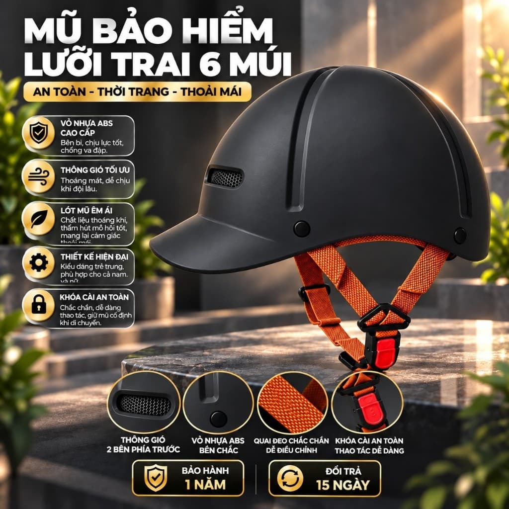 Nón Bảo Hiểm Lưỡi Trai 6 Múi Cho Nam Và Nữ, Thiết Kế Gọn Nhẹ, Dễ Phối Đồ, Giấy Tờ Đầy Đủ