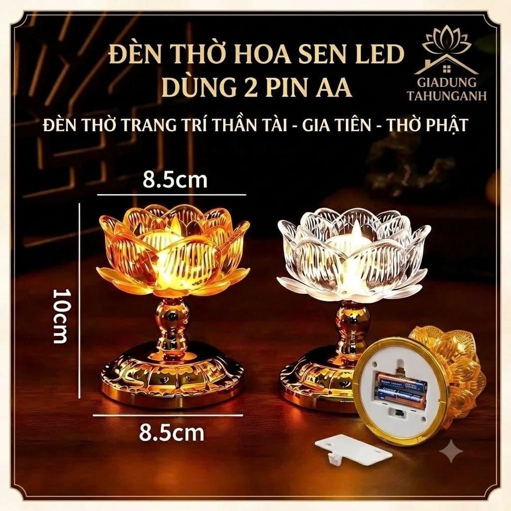 Đèn Thờ Hoa Sen LED Cao Cấp Gia Dụng Tạ Hùng Anh – Dùng 2 Pin AA Viền Mạ Vàng Trang Trí Bàn Thờ Thần Tài, Gia Tiên, Phật