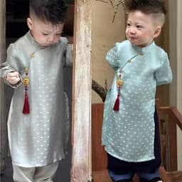Áo dài bé trai kèm quần 4 màu - chất liệu lụa cao cấp - tặng kèm dây khánh - hàng thiết kế loại 1 chuẩn y hình 2