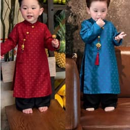 Áo dài bé trai kèm quần 4 màu - chất liệu lụa cao cấp - tặng kèm dây khánh - hàng thiết kế loại 1 chuẩn y hình 1