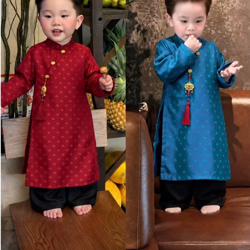 Áo dài bé trai kèm quần 4 màu - chất liệu lụa cao cấp - tặng kèm dây khánh - hàng thiết kế loại 1 chuẩn y hình
