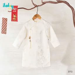 Áo dài bé trai Khánh Đình - chất liệu gấm mềm cao cấp - kết hợp đính cục và icon nổi bật - màu trắng sữa nam  tính 2