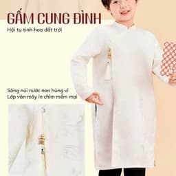 Áo dài bé trai Khánh Đình - chất liệu gấm mềm cao cấp - kết hợp đính cục và icon nổi bật - màu trắng sữa nam  tính 1