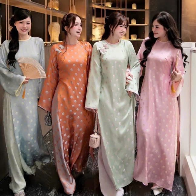 Áo dài cách tân cổ tròn chấm bi - dáng suông - chất liệu vải tơ tằm cao cấp - kèm quần đồng chất - sang trọng - nhẹ nhàn