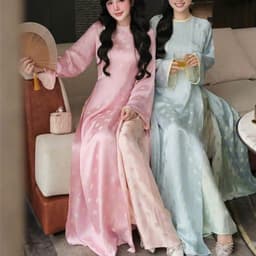 Áo dài cách tân cổ tròn chấm bi - dáng suông - chất liệu vải tơ tằm cao cấp - kèm quần đồng chất - sang trọng - nhẹ nhàn 9