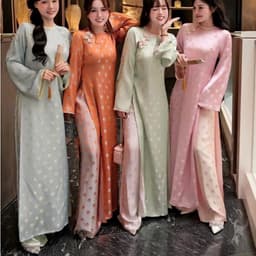 Áo dài cách tân cổ tròn chấm bi - dáng suông - chất liệu vải tơ tằm cao cấp - kèm quần đồng chất - sang trọng - nhẹ nhàn 2