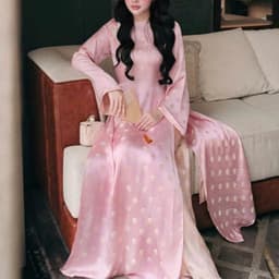Áo dài cách tân cổ tròn chấm bi - dáng suông - chất liệu vải tơ tằm cao cấp - kèm quần đồng chất - sang trọng - nhẹ nhàn 6