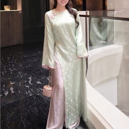 Áo dài cách tân cổ tròn chấm bi - dáng suông - chất liệu vải tơ tằm cao cấp - kèm quần đồng chất - sang trọng - nhẹ nhàn 8