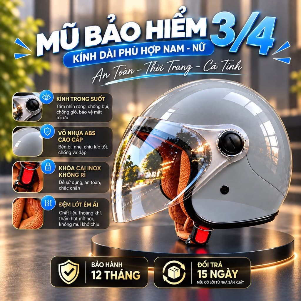 Mũ/Nón Bảo Hiểm 3/4 kính dài cho cả Nam và Nữ, Kính chắn gió, che nắng, che mưa - [ ANFAGO HELMET]