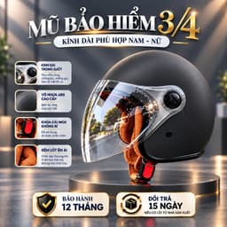 Mũ Bảo Hiểm 3/4 kính dài cho cả Nam và Nữ -  Kính chắn gió, che nắng, che mưa, nhiều màu, bảo hành 12 tháng 1