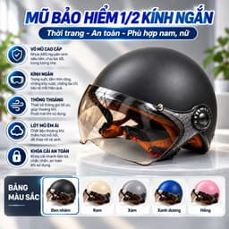 Mũ Bảo Hiêm 1/2 Kính Ngắn Dáng Trơn, Thời Trang, Cá Tính, Bảo Hành 12 Tháng 1