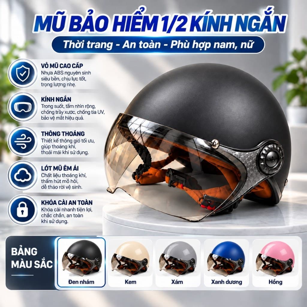 Mũ Bảo Hiêm 1/2 Kính Ngắn Dáng Trơn, Thời Trang, Cá Tính, Bảo Hành 12 Tháng