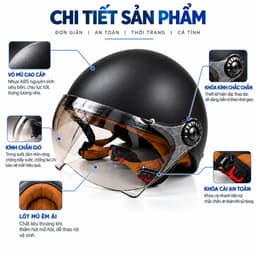 Mũ Bảo Hiêm 1/2 Kính Ngắn Dáng Trơn, Thời Trang, Cá Tính, Bảo Hành 12 Tháng 2