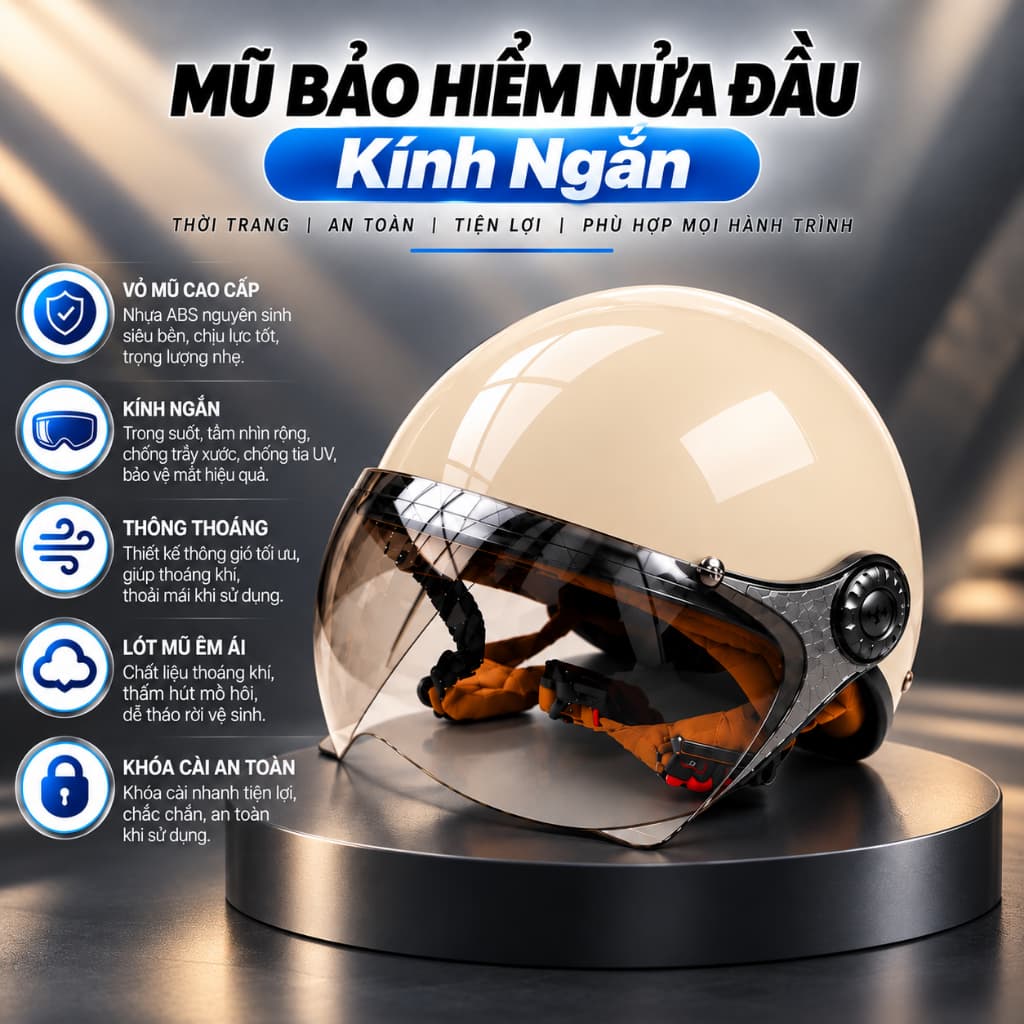 MŨ BẢO HIỂM 1/2 Trơn Kính Ngắn Chắn Gió - Nhiều màu sắc, phù hợp cho cả nam và nữ, cute, cá tính
