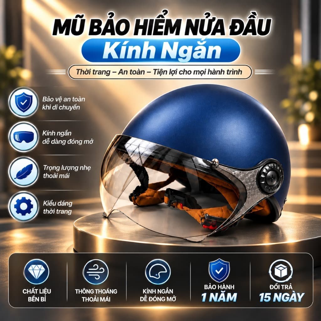 Nón bảo hiểm 1/2 dáng trơn kính ngắn - An toàn, nhiều màu thời trang, cá tính, bảo hành 12 tháng