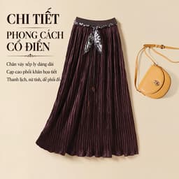 🌷 Chân Váy Xếp Ly Dài Màu Nâu Tím Vintage Cạp Cao Phối Khăn Họa Tiết Thanh Lịch Phong Cách Hàn Quốc 1