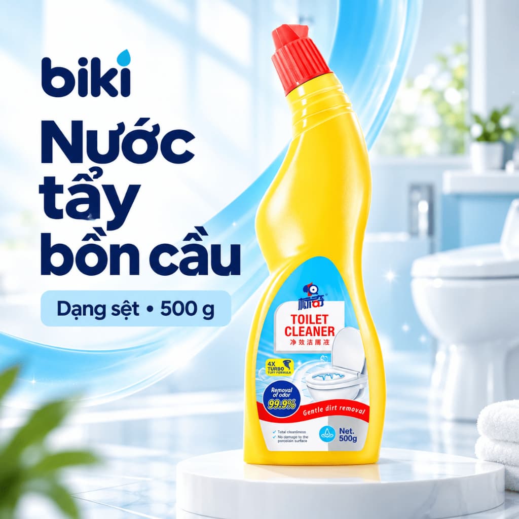 Nước tẩy bồn cầu biki 500g dạng sệt bám thành, đầu cong làm sạch cặn bẩn và vết ố vàng