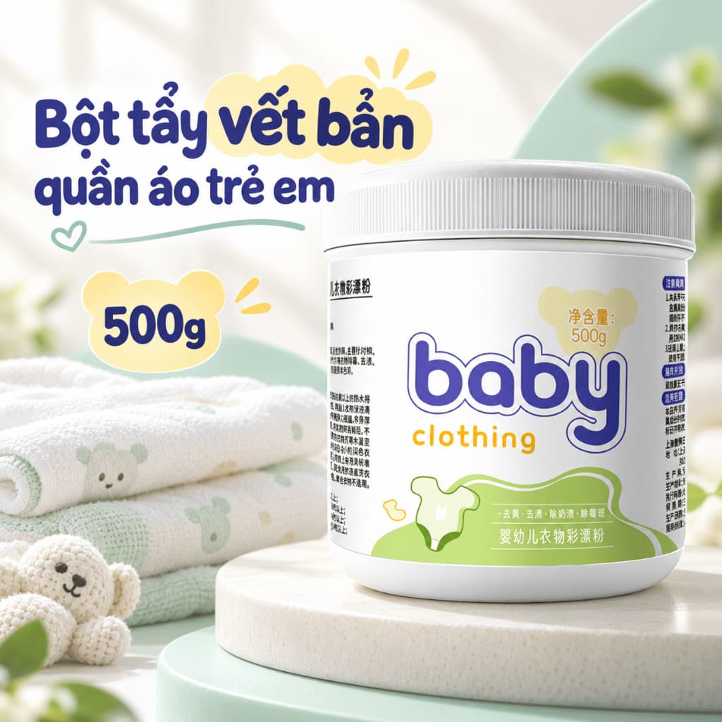 Bột tẩy vết bẩn quần áo trẻ em QIAODAIMEI 500g, hỗ trợ làm sạch vết sữa, thức ăn và ố vàng
