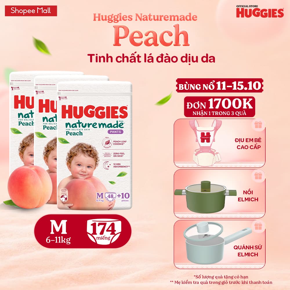 Combo 3 Tã quần Huggies Naturemade Peach M48+10/ L44/ XL38/ XXL26