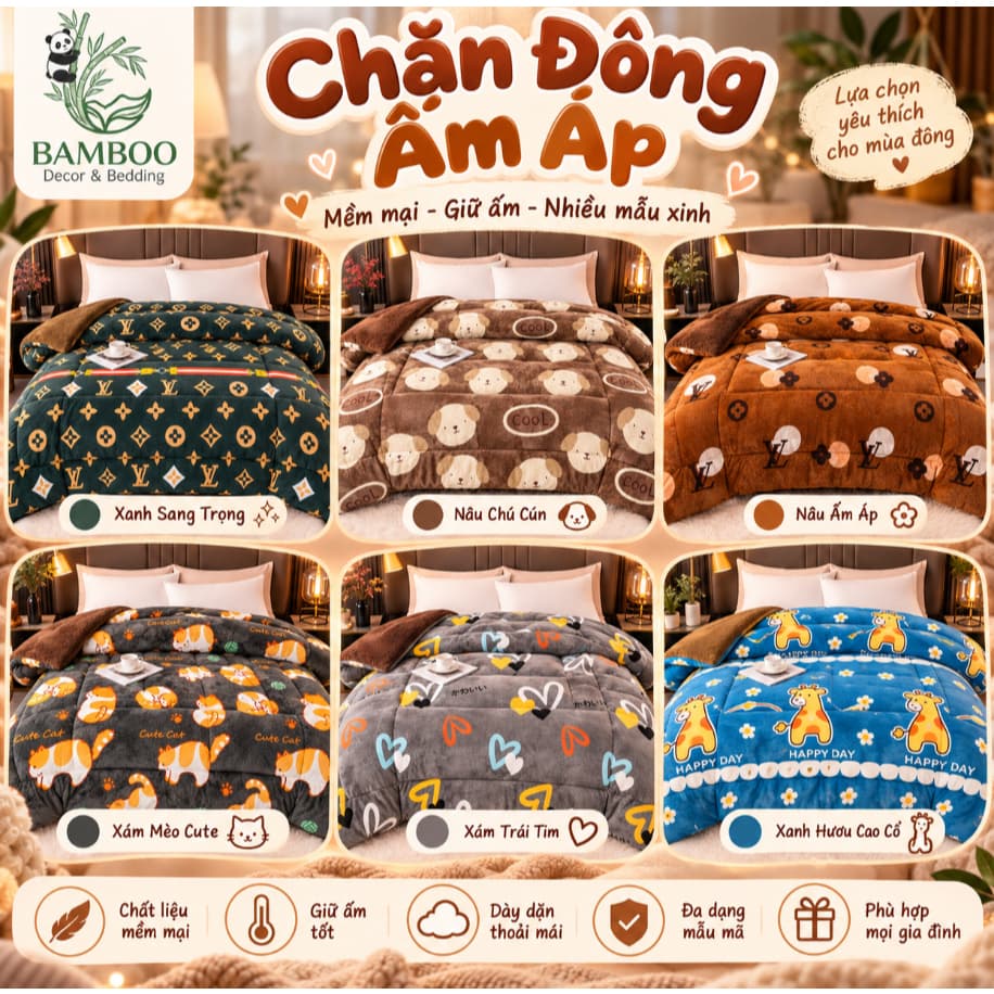 Chăn Đông Ấm Áp BAMBOO, Chăn Lông Thỏ Yuki Dày Dặn, Mềm Mịn Giữ Ấm, Nhiều Họa Tiết Dễ Thương