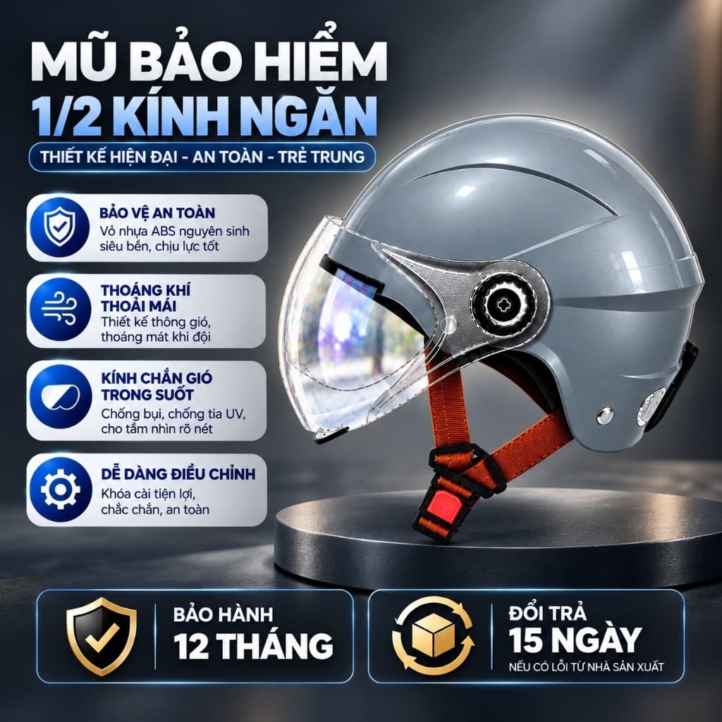 Mũ/Nón bảo hiểm 1/2 vân có kính chắn gió - Gọn nhẹ, an toàn, thời trang, bảo hành 12 tháng