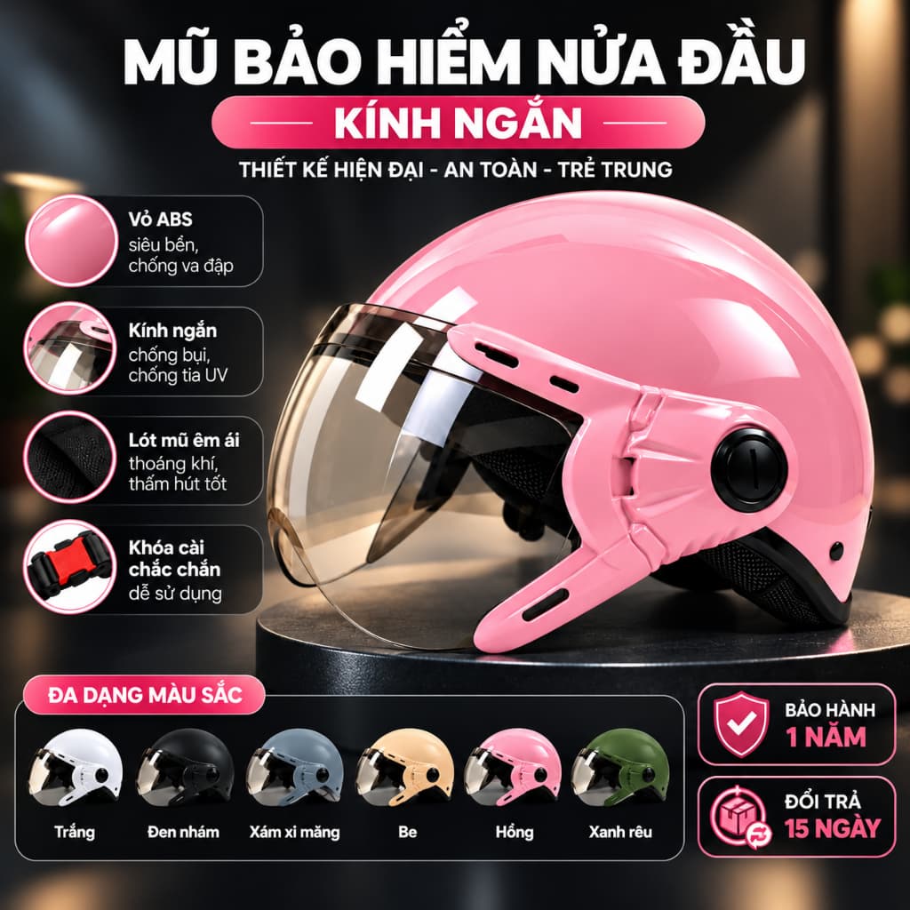 Nón Bảo Hiểm 1/2 có kính ngắn  - Cá tính, nhẹ, gọn, phù hợp cho cả nam và nữ