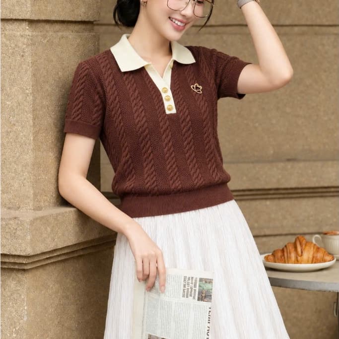 Áo Len Nữ Dệt Thừng Tag Tim Thanh Lịch Phong Cách Hàn Quốc Tay Ngắn Thời Trang Tiểu Thư