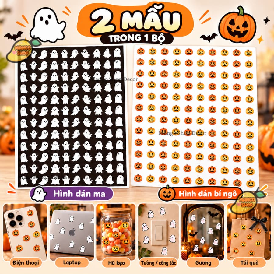 Set 4 Tấm Sticker Halloween Mini Hình Ma Và Bí Ngô Trang Trí Decor Halloween