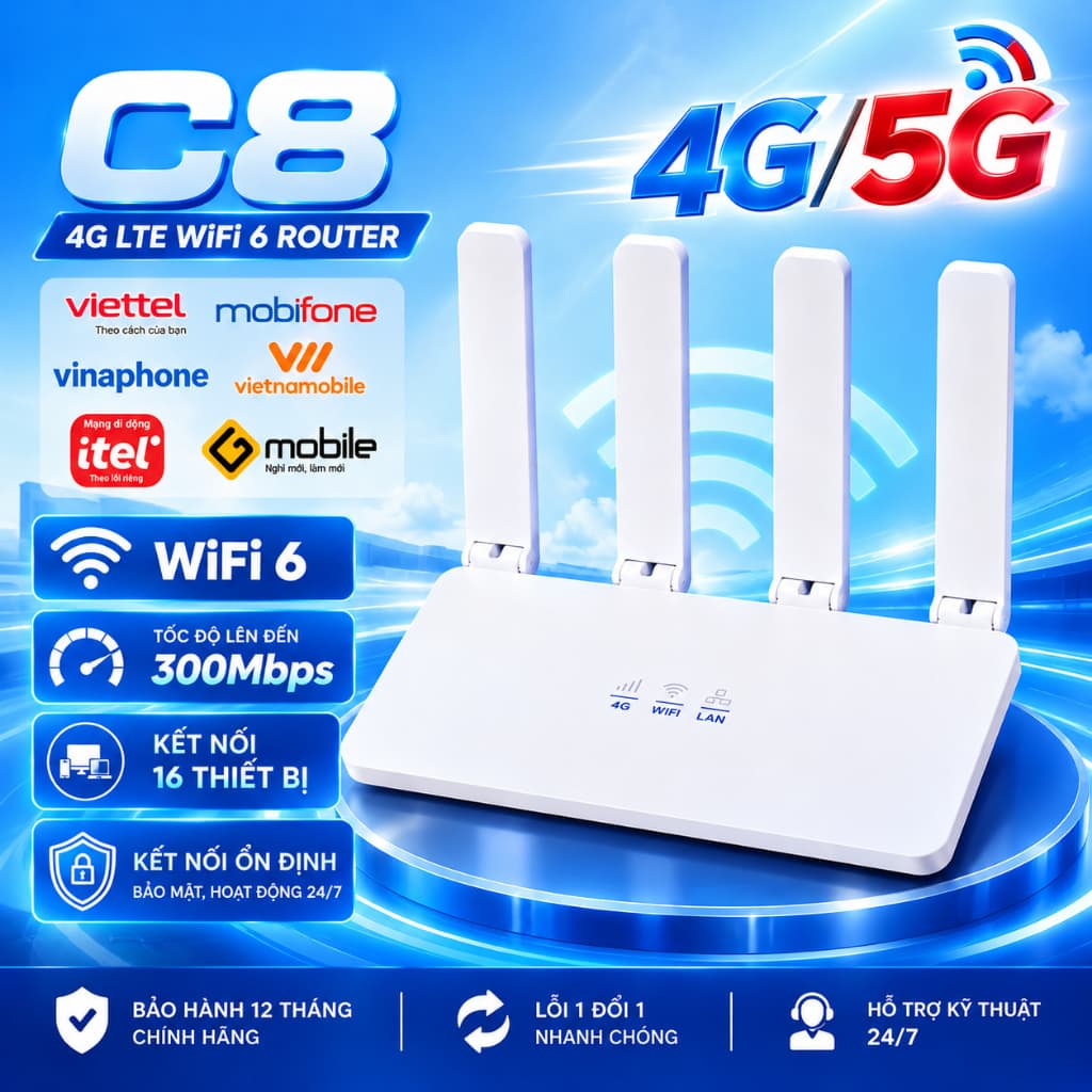 Cục Phát Wifi Từ Sim 4G, Wifi 6 C8 Tốc Độ Cao 300Mbps- 4 Râu Ăng Ten Siêu Khoẻ