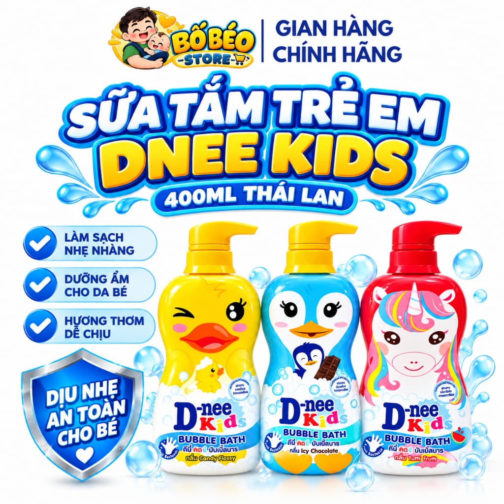Sữa tắm trẻ em Dnee Kids 400ml Thái Lan dưỡng ẩm nhẹ dịu, thiết kế hình thú ngộ nghĩnh cho bé trên 3 tuổi
