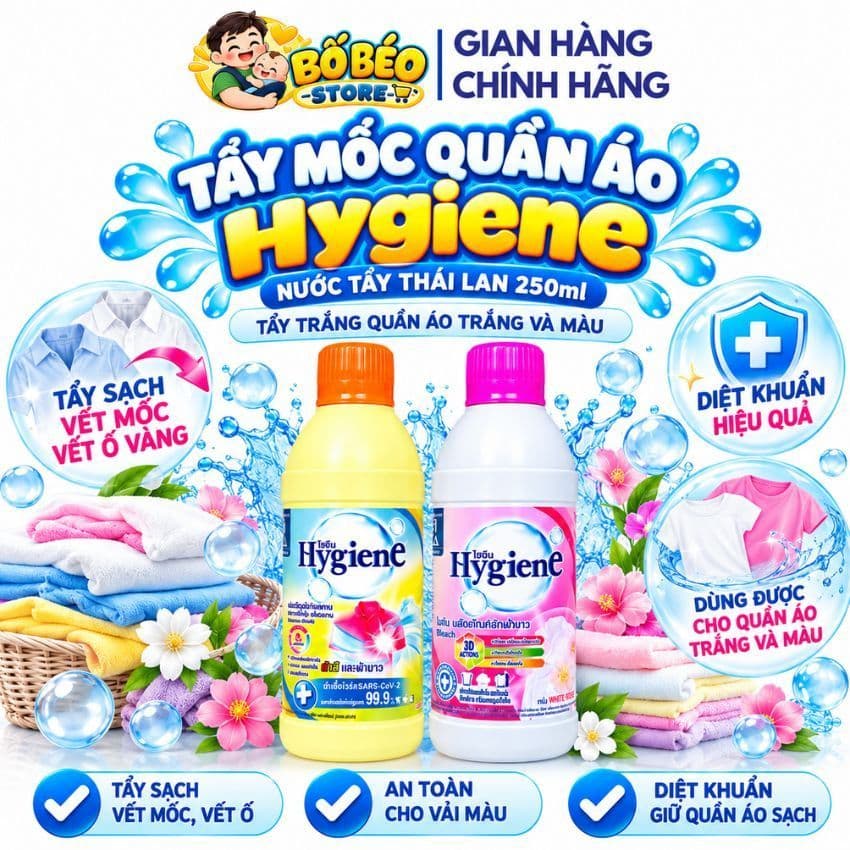 Tẩy Mốc Quần Áo Hygiene Thuốc Tẩy Trắng Quần Áo Trắng Và Màu, Nước Tẩy Thái Lan 250/500ml